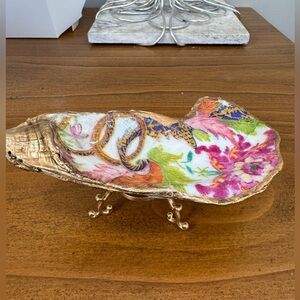 Handmade Floral and Gold Decoupage Shell Trinket  Dish